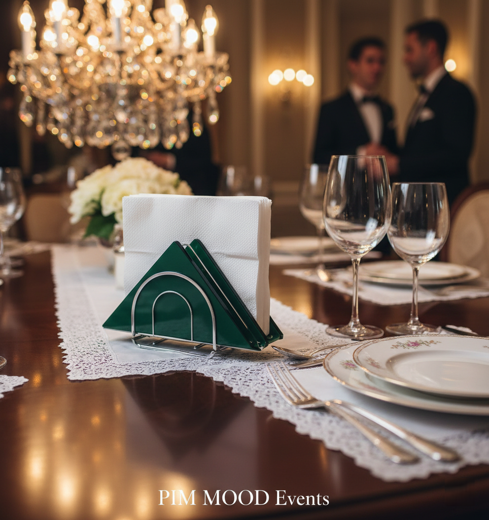 Detaliu suport șervețele pe masă festivă, logistică evenimente de lux, accesorii bar și restaurant PIM MOOD